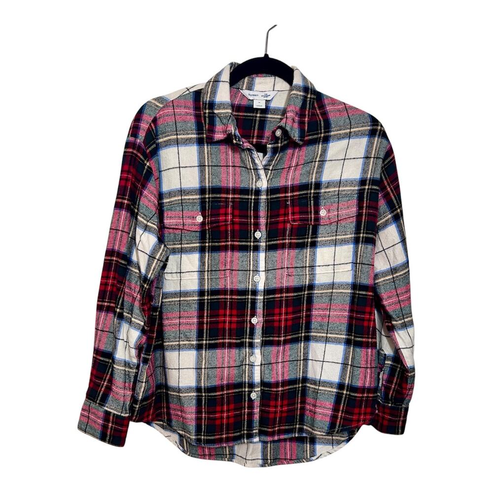 Women’s Medium Boyfriend Cut Cotton Winter Cream, Red, & Green Plaid Flannel